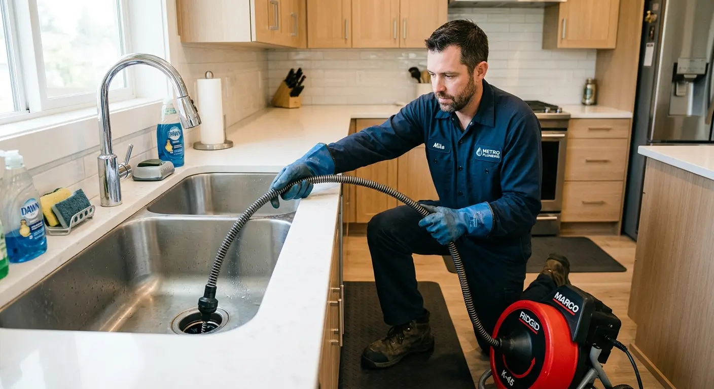 Drain cleaning technician using a motorized snake on a kitchen sink in Bemiss