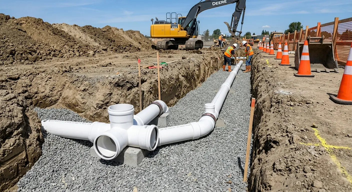 New PVC sewer pipe installation in open trench for Sewer Backup in Bemiss
