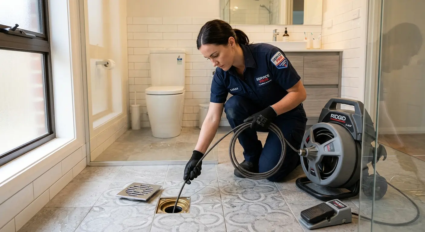 Technician clearing a bathroom floor drain for Drain Cleaning in Bemiss